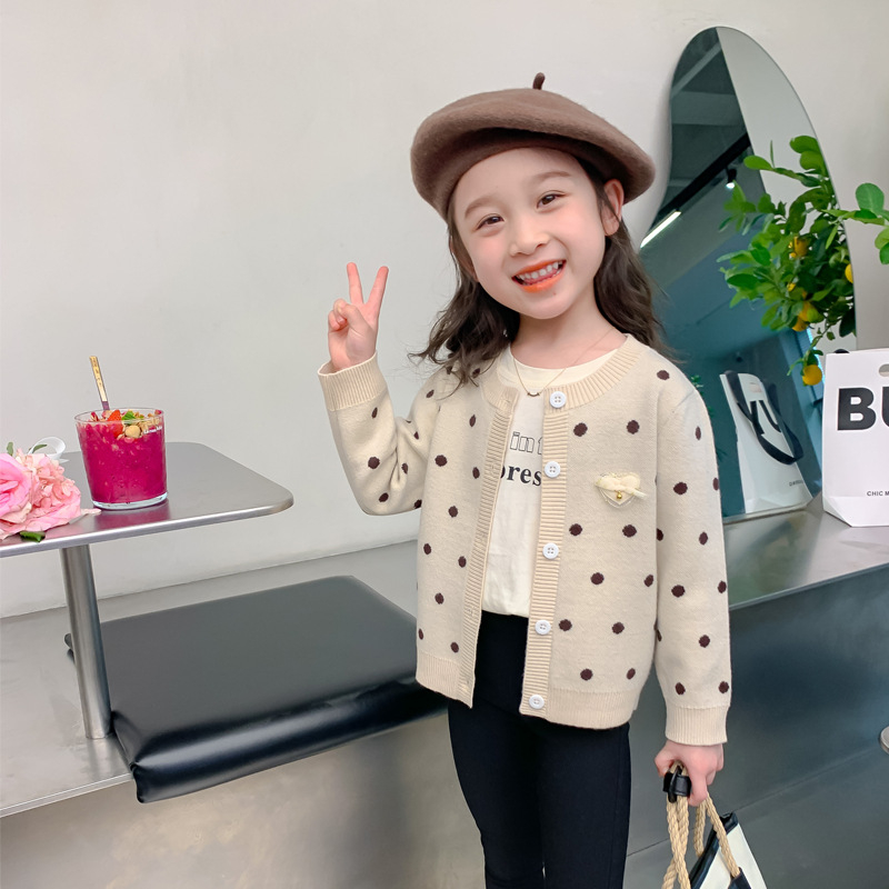 Dječja odjeća, jesenska i zimska odjeća za djevojčice, zapadnjački stil, podstavljeni flisom, zadebljani pulover, korejski stil, dječji pleteni kardigan, top s točkicama