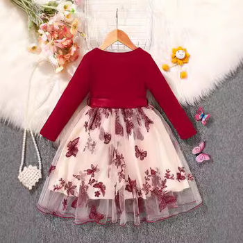 Ευρωπαϊκή και αμερικανική εξαγωγή φθινοπώρου και χειμώνα κορίτσια πριγκίπισσα με μακριά μανίκια, μακριά φούστα, καθαρό χρώμα, κεντημένο φόρεμα μόδας πεταλούδας