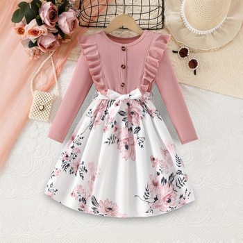 Dievčenské šaty CrossBorder K-Style 2024 Autum New Lotus Leaf Lace Long Rukáv K Flower Flower Children's Short Lace