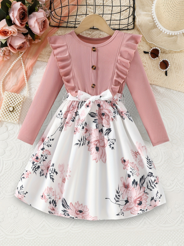 Dievčenské šaty CrossBorder K-Style 2024 Autum New Lotus Leaf Lace Long Rukáv K Flower Flower Children's Short Lace