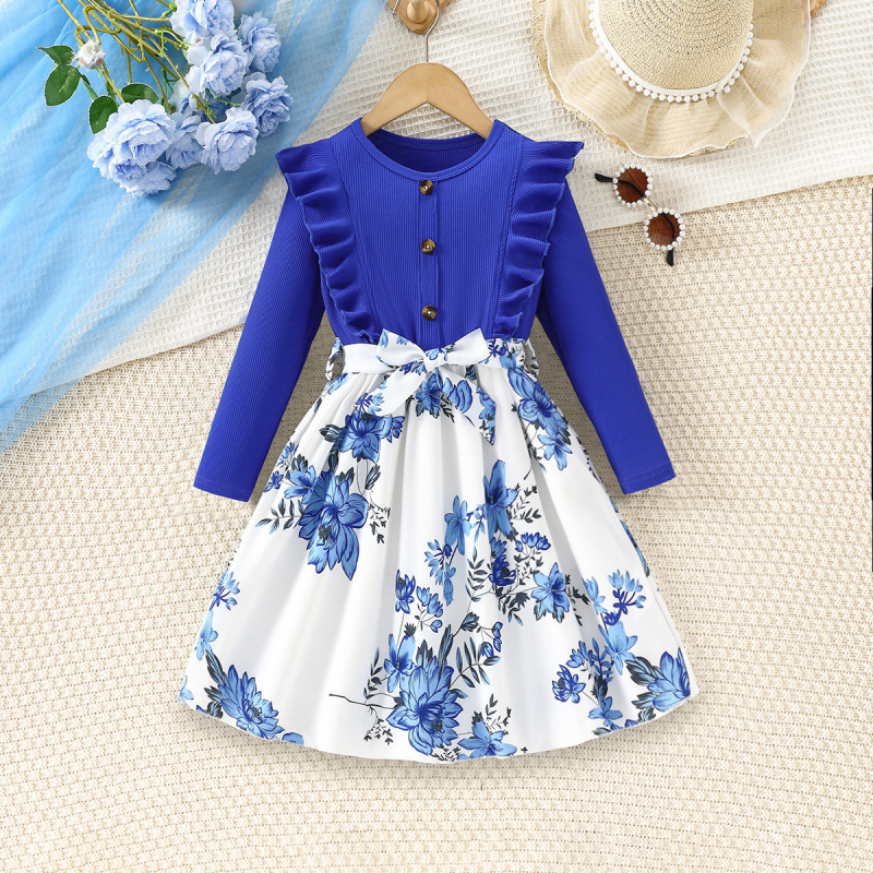 Dievčenské šaty CrossBorder K-Style 2024 Autum New Lotus Leaf Lace Long Rukáv K Flower Flower Children's Short Lace