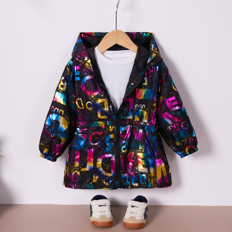 na sklade Jarné a jesenné nové chlapčenské a dievčenské písmenkové bronzové svetlé bundy s kapucňou a zipsom, dlhý top, ležérne Temu