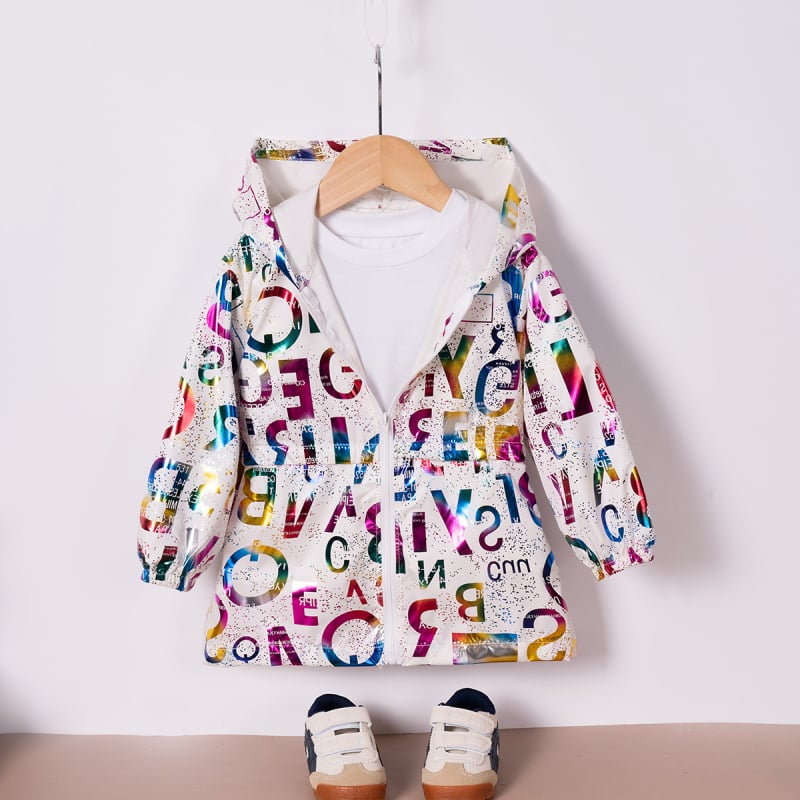 na sklade Jarné a jesenné nové chlapčenské a dievčenské písmenkové bronzové svetlé bundy s kapucňou a zipsom, dlhý top, ležérne Temu