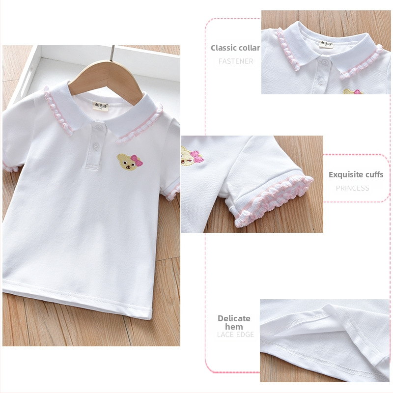 Dievčenské letné biele tričko 2023 Nové detské svieže ležérne tričko Štýlové tričko s krátkym rukávom a klopou Detské oblečenie