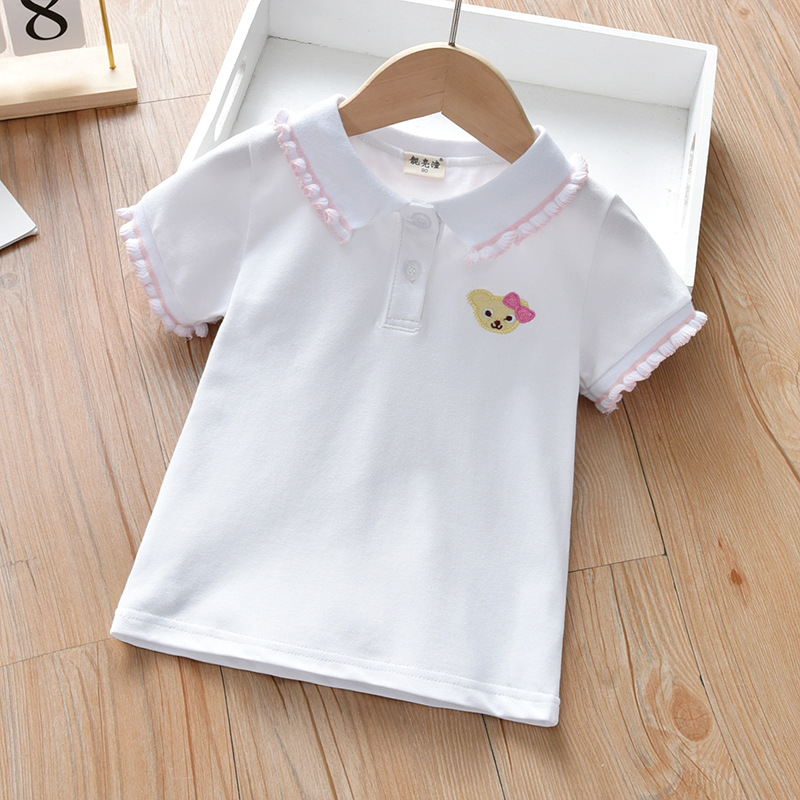 Tüdrukute suvine valge särk 2023 uus laste värske vabaaja topp stiilne rinnamikrofoniga lühikeste varrukatega särk laste riided