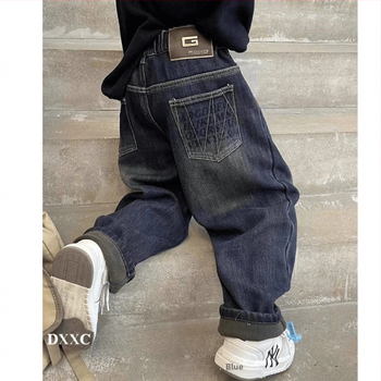 Laste poiste fliisvoodriga püksid, paksendatud teksad, 2024. aasta uued poiste suured laste ühes tükis lahtised püksid