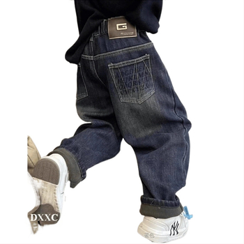 Laste poiste fliisvoodriga püksid, paksendatud teksad, 2024. aasta uued poiste suured laste ühes tükis lahtised püksid