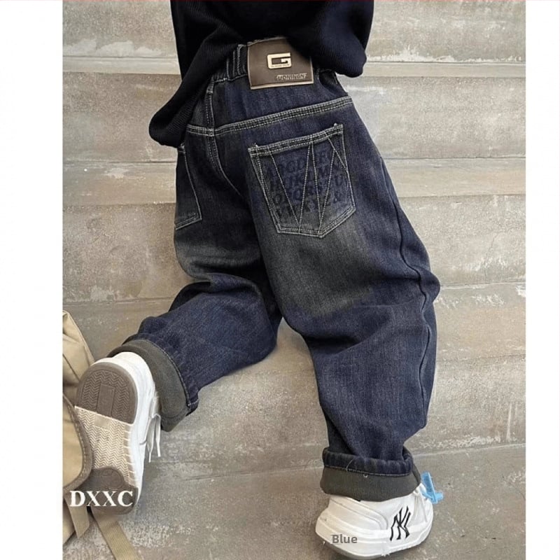 Laste poiste fliisvoodriga püksid, paksendatud teksad, 2024. aasta uued poiste suured laste ühes tükis lahtised püksid