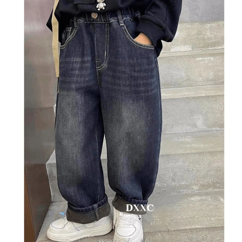 Laste poiste fliisvoodriga püksid, paksendatud teksad, 2024. aasta uued poiste suured laste ühes tükis lahtised püksid