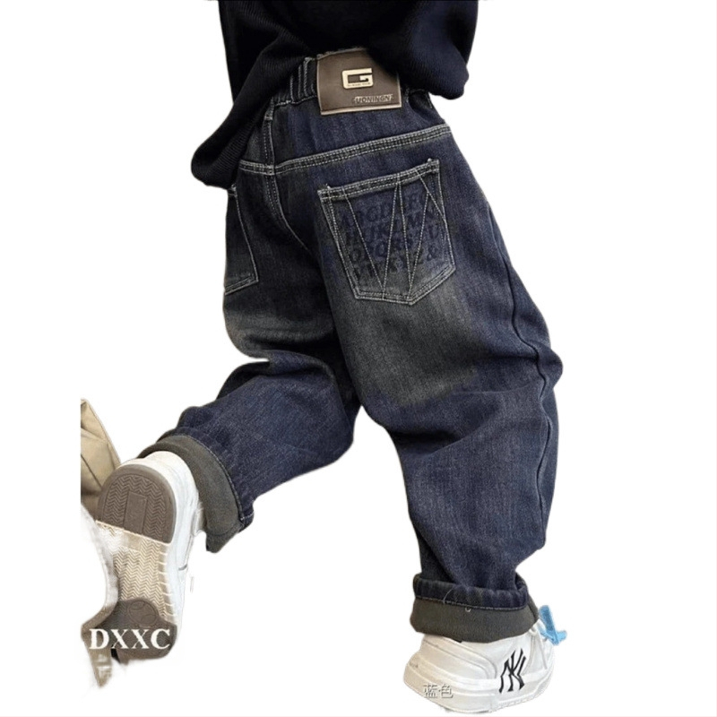 Детски дънки с поларена подплата за момчета, удебелени, нови 2024 г., детски едноделни широки панталони за момчета, размер L