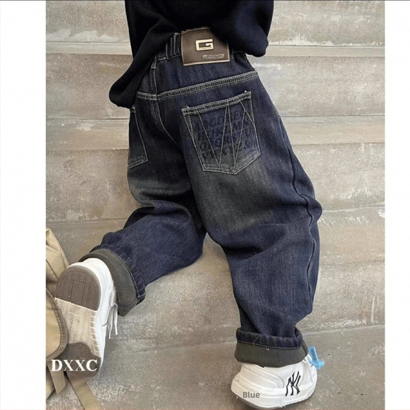 Laste poiste fliisvoodriga püksid, paksendatud teksad, 2024. aasta uued poiste suured laste ühes tükis lahtised püksid