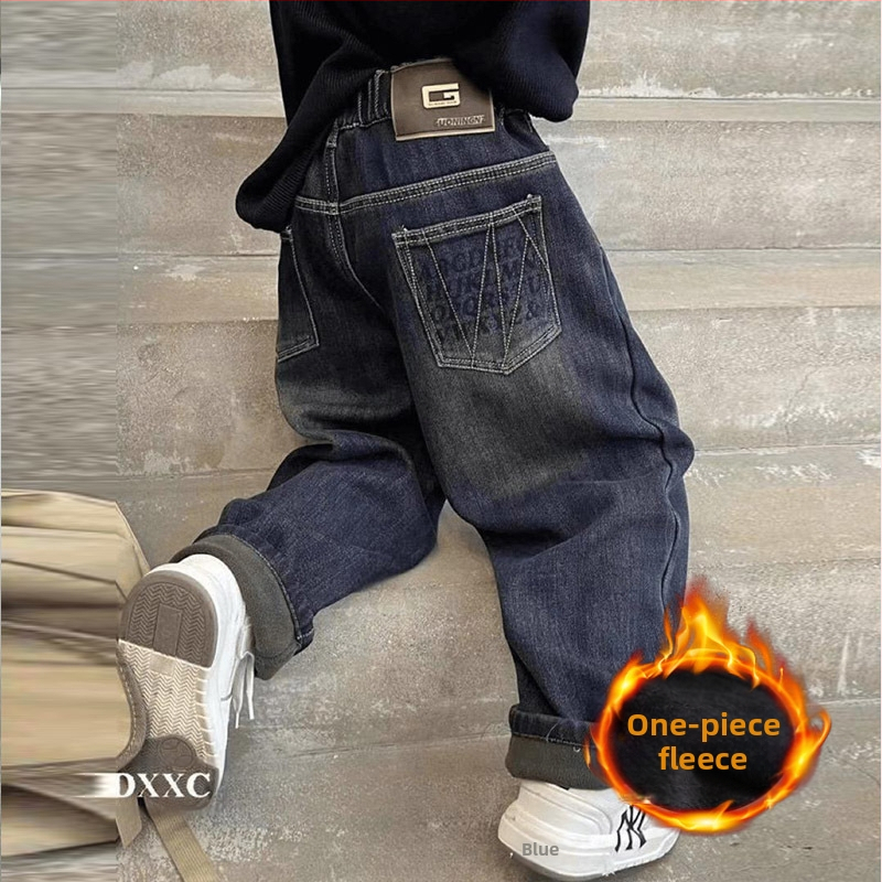 Laste poiste fliisvoodriga püksid, paksendatud teksad, 2024. aasta uued poiste suured laste ühes tükis lahtised püksid