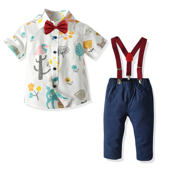 Παιδικό σετ τεσσάρων τεμαχίων με κοντομάνικο πουκάμισο και τιράντες σε στυλ crossborder για αγόρια, σετ τεσσάρων τεμαχίων για μικρά και μεσαία παιδιά, σετ άνοιξης και φθινοπώρου-καλοκαιριού