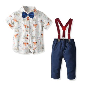 Παιδικό σετ τεσσάρων τεμαχίων με κοντομάνικο πουκάμισο και τιράντες σε στυλ crossborder για αγόρια, σετ τεσσάρων τεμαχίων για μικρά και μεσαία παιδιά, σετ άνοιξης και φθινοπώρου-καλοκαιριού