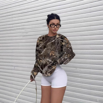 Nova vintage majica dugih rukava s V-izrezom, europska i američka prekogranična ženska majica iz 2025., minimalistički ležeran stil, s kamuflažnim uzorkom grana i uzorkom grana