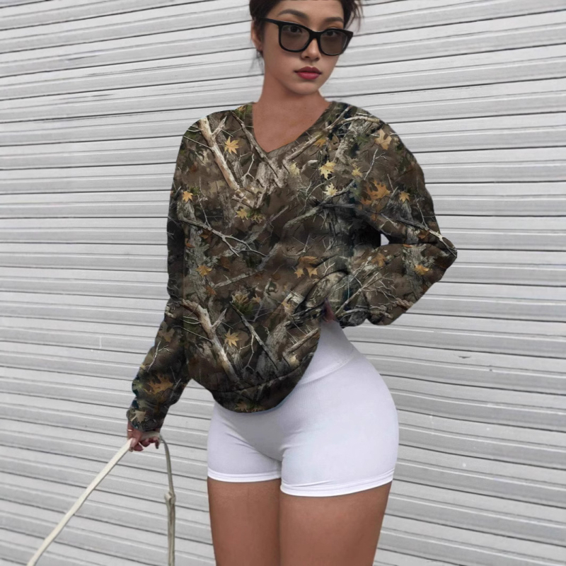 Nova vintage majica dugih rukava s V-izrezom, europska i američka prekogranična ženska majica iz 2025., minimalistički ležeran stil, s kamuflažnim uzorkom grana i uzorkom grana