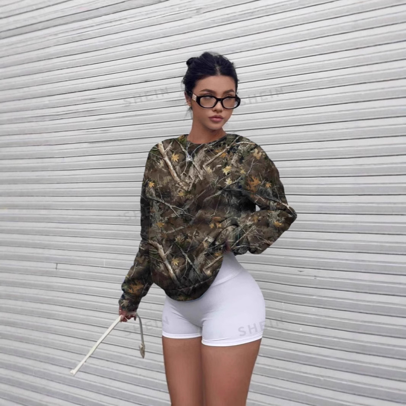 Nova vintage majica dugih rukava s V-izrezom, europska i američka prekogranična ženska majica iz 2025., minimalistički ležeran stil, s kamuflažnim uzorkom grana i uzorkom grana