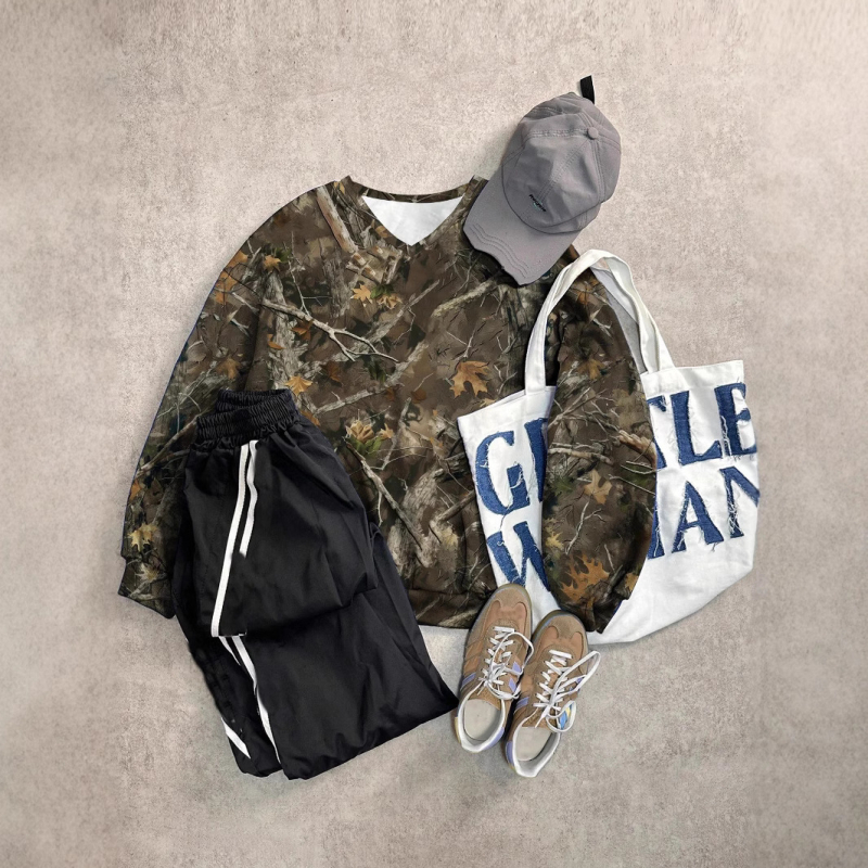 Nova vintage majica dugih rukava s V-izrezom, europska i američka prekogranična ženska majica iz 2025., minimalistički ležeran stil, s kamuflažnim uzorkom grana i uzorkom grana