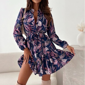 Ženska jesenska haljina s dugim rukavima i printom gumba, prekogranična prodaja putem AliExpressa, Amazona, u struku, s printom, suknja s nabranim vezanjem i suknja