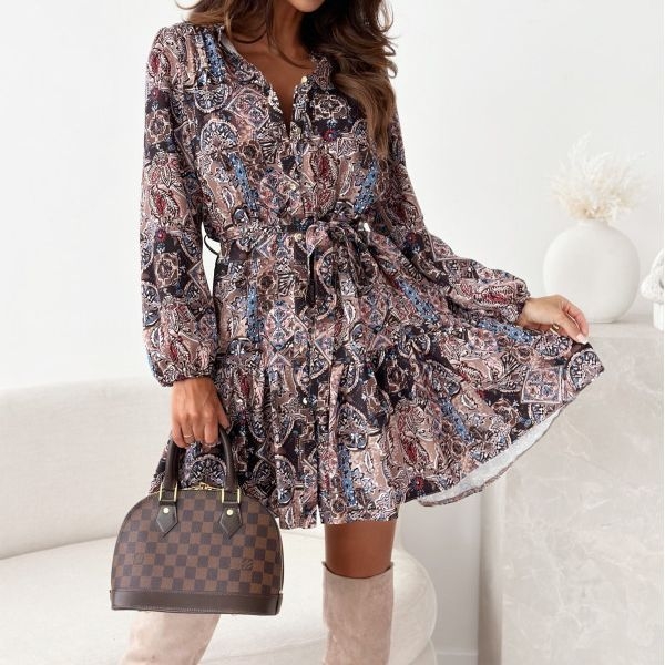 Ženska jesenska haljina s dugim rukavima i printom gumba, prekogranična prodaja putem AliExpressa, Amazona, u struku, s printom, suknja s nabranim vezanjem i suknja