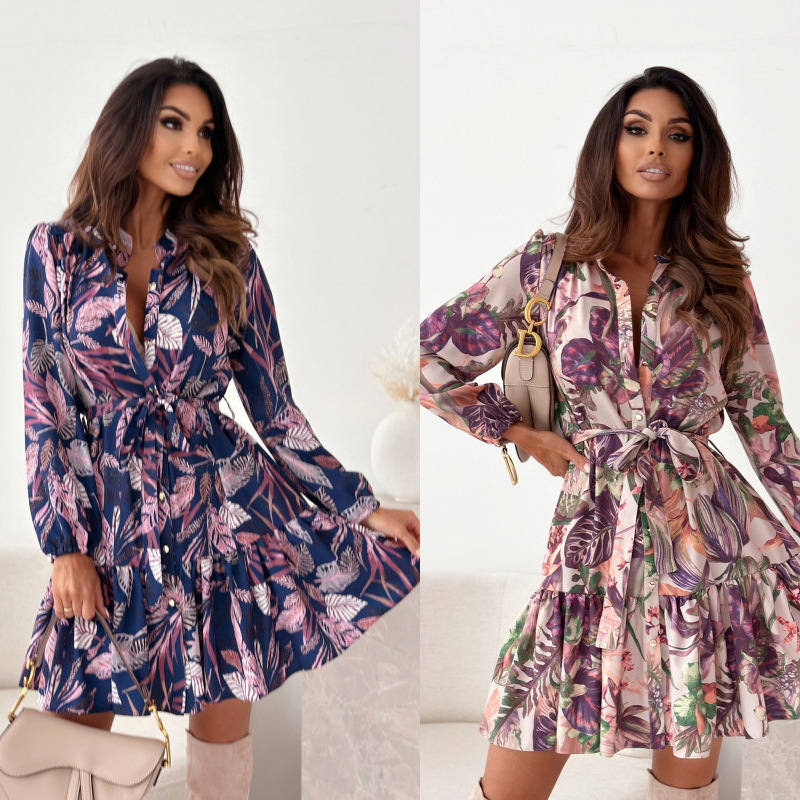 Ženska jesenska haljina s dugim rukavima i printom gumba, prekogranična prodaja putem AliExpressa, Amazona, u struku, s printom, suknja s nabranim vezanjem i suknja