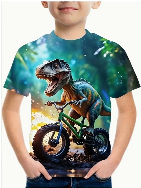 Dinosauruste jalgrattasõit koomiksimetsas - erksad visuaalefektid, 3D-stereoefektid, poiste T-särk -