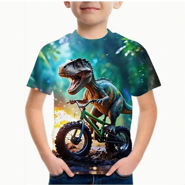 Plimbare cu bicicleta cu dinozauri în pădurea de desene animate - Efecte vizuale vii, Efecte stereo 3D, Tricou pentru băieți -