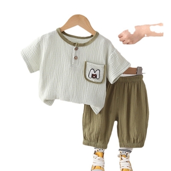 Σετ καλοκαιρινού κοστουμιού για αγόρια 2024 Νέο στυλ παιδικών ρούχων με κοντό μανίκι από βαμβάκι και λινό, σετ δύο τεμαχίων για αγόρια, καλοκαιρινή σεζόν