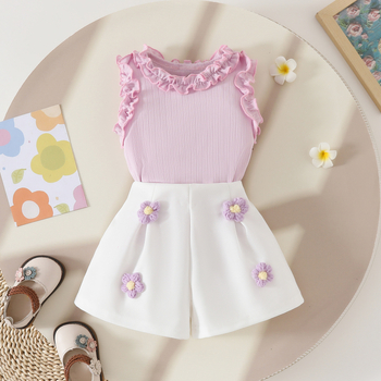 Amazon Summer New Baby\'s Sweet Pit Summer Αμάνικο Σορτς με Λουλούδια και Βολάν, Δύο Τεμαχίων