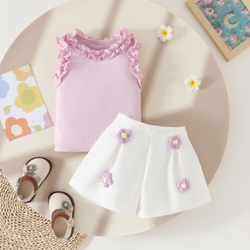 Amazon Summer New Baby\'s Sweet Pit Summer Αμάνικο Σορτς με Λουλούδια και Βολάν, Δύο Τεμαχίων