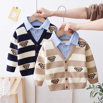 Πουλόβερ για αγόρια, παλτό, άνοιξη, νέο παιδικό ψεύτικο δύο τεμαχίων γιακάς πουκάμισου, μάλλινο εσωτερικό, εξωτερικό ένδυμα σε απόθεμα