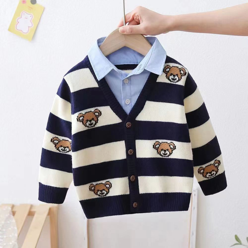 Πουλόβερ για αγόρια, παλτό, άνοιξη, νέο παιδικό ψεύτικο δύο τεμαχίων γιακάς πουκάμισου, μάλλινο εσωτερικό, εξωτερικό ένδυμα σε απόθεμα