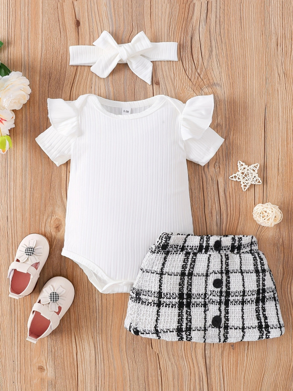 Letná jednofarebná letná dievčenská taška s lietajúcim rukávom, trojuholníkový overal, kockovaná krátka sukňa, šatka