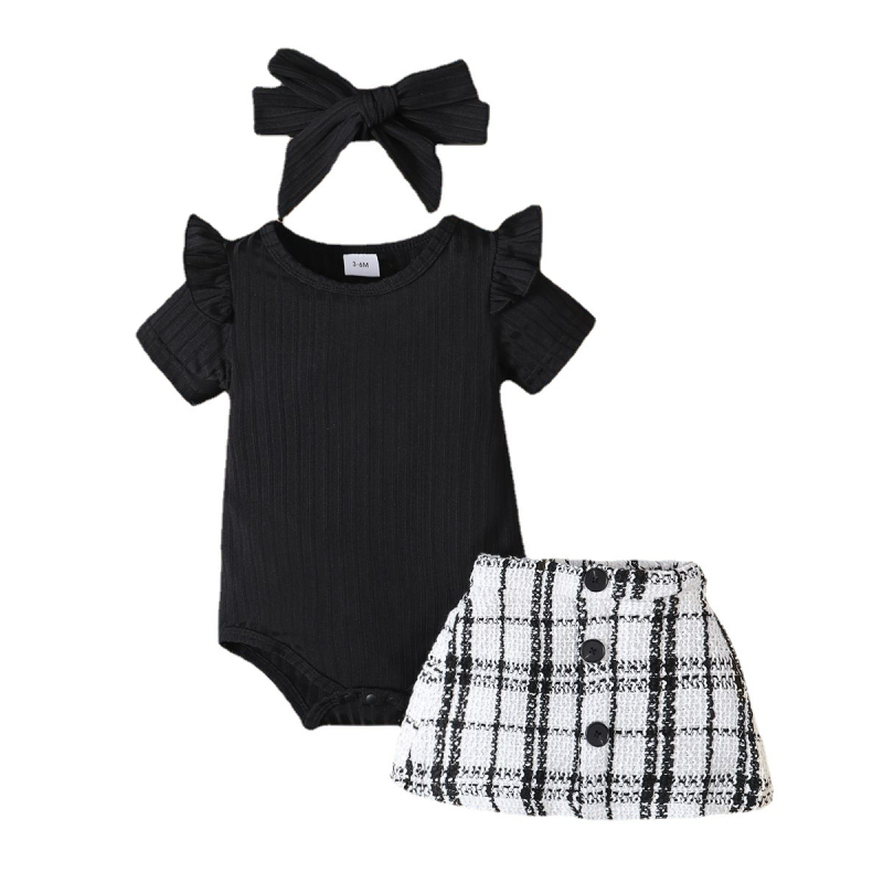 Letná jednofarebná letná dievčenská taška s lietajúcim rukávom, trojuholníkový overal, kockovaná krátka sukňa, šatka