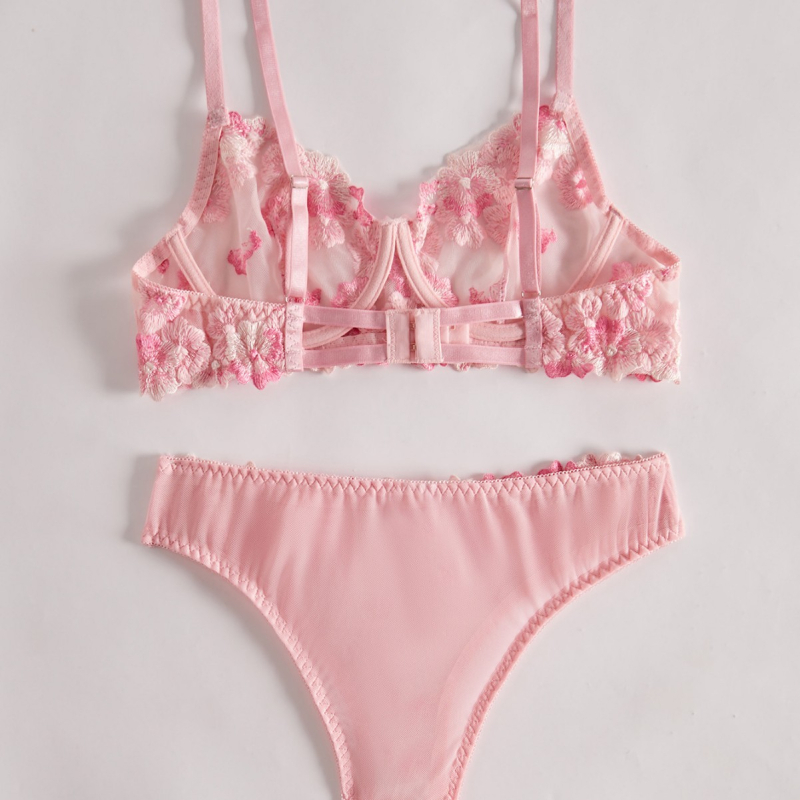 Cabano Cross-Border European and American Sexy Suit Priehľadný kvetinový vyšívaný čipkový sexy podprsenkový oblek pre dievčatá Pure Desire