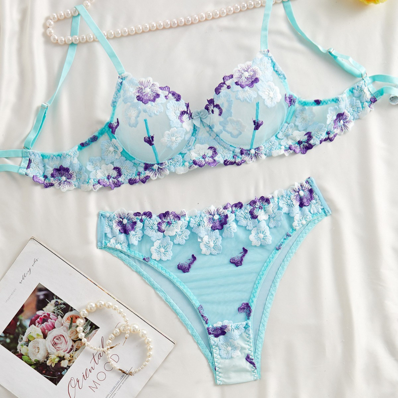 Cabano Cross-Border European and American Sexy Suit Priehľadný kvetinový vyšívaný čipkový sexy podprsenkový oblek pre dievčatá Pure Desire