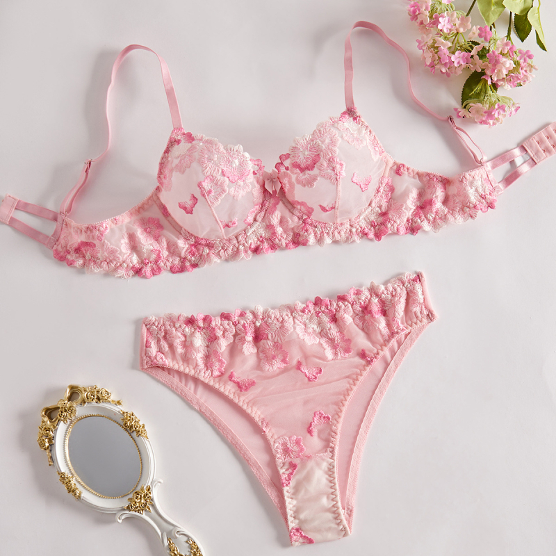 Cabano Cross-Border European and American Sexy Suit Priehľadný kvetinový vyšívaný čipkový sexy podprsenkový oblek pre dievčatá Pure Desire