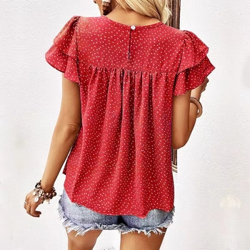 Nové európske a americké tričko s okrúhlym výstrihom a bodkami, voľné, s dvojitou vrstvou a rukávmi z lotosového listu pre ženy z roku 2024