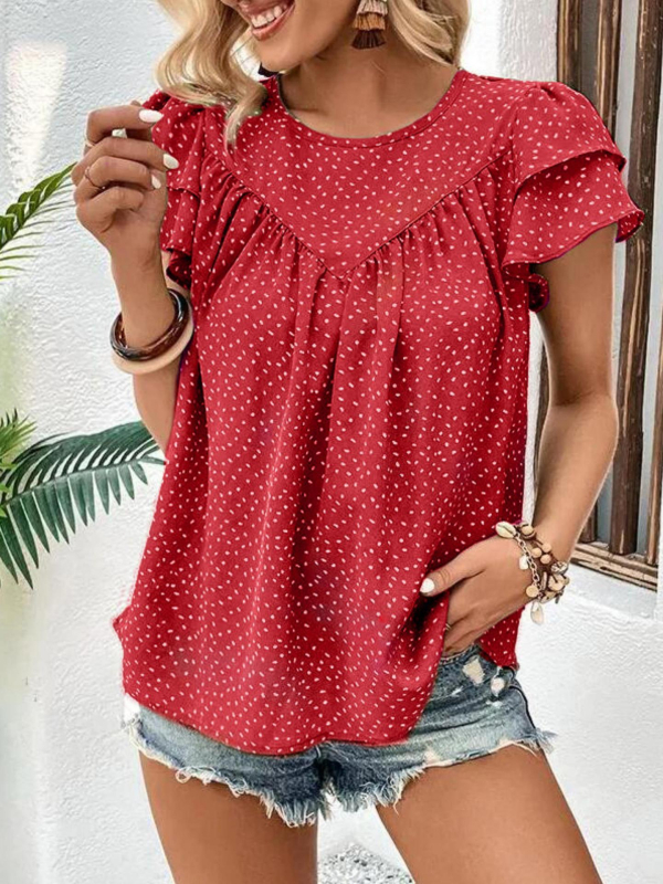 Nové európske a americké tričko s okrúhlym výstrihom a bodkami, voľné, s dvojitou vrstvou a rukávmi z lotosového listu pre ženy z roku 2024