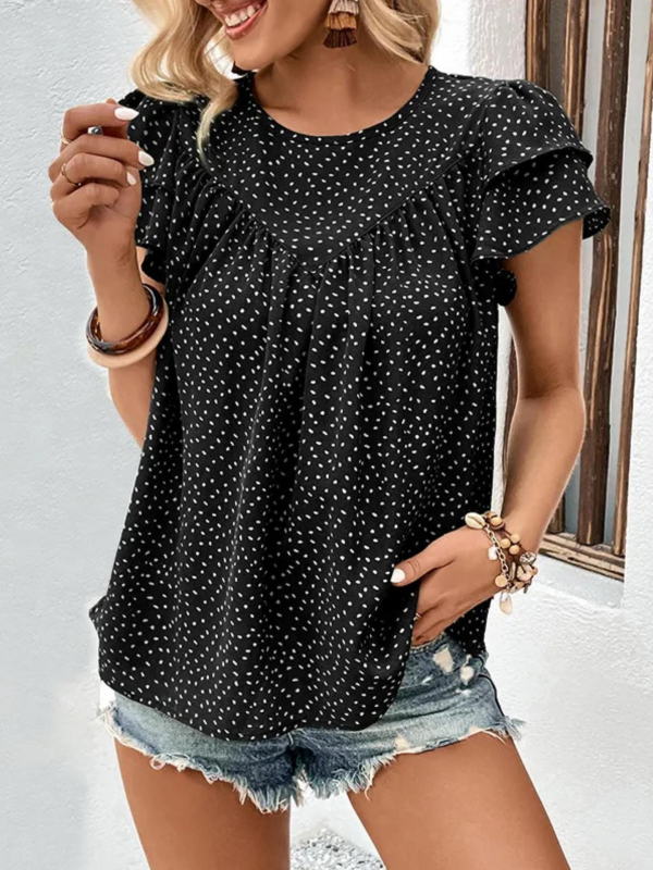 Nové európske a americké tričko s okrúhlym výstrihom a bodkami, voľné, s dvojitou vrstvou a rukávmi z lotosového listu pre ženy z roku 2024