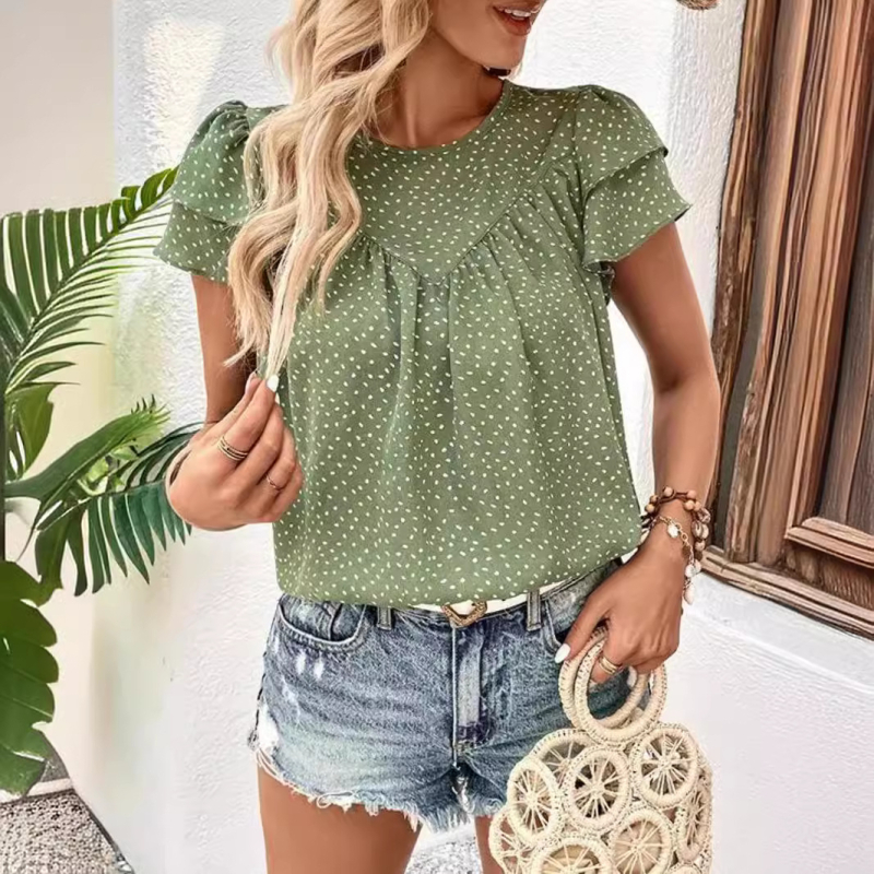 Nové európske a americké tričko s okrúhlym výstrihom a bodkami, voľné, s dvojitou vrstvou a rukávmi z lotosového listu pre ženy z roku 2024