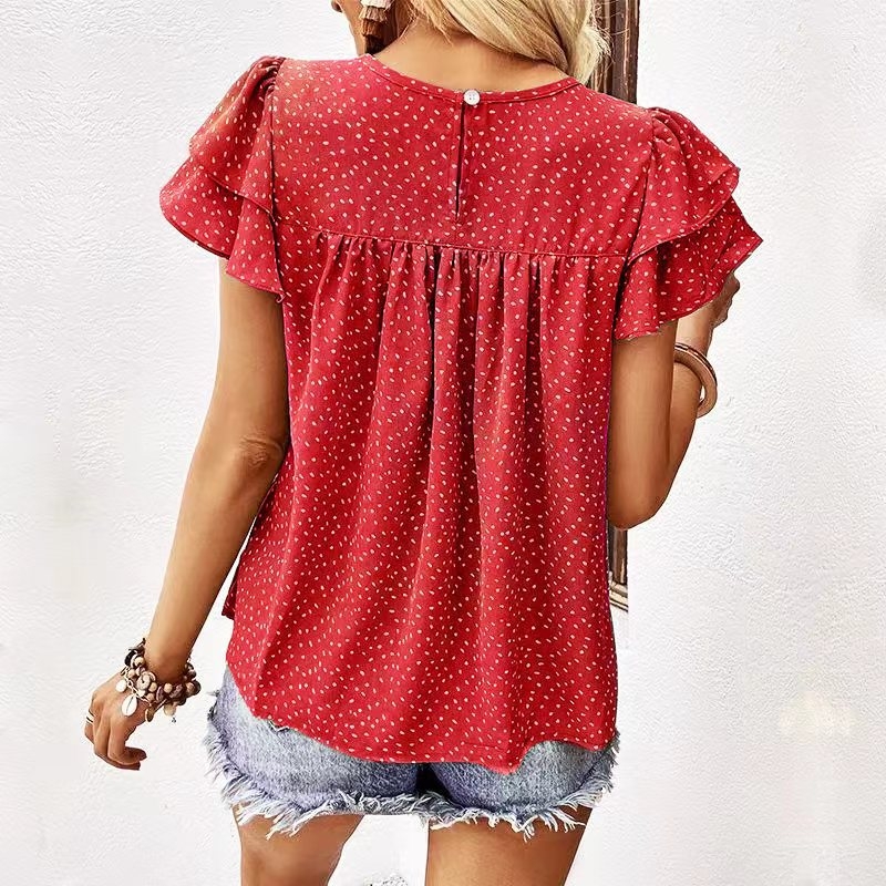 Nové európske a americké tričko s okrúhlym výstrihom a bodkami, voľné, s dvojitou vrstvou a rukávmi z lotosového listu pre ženy z roku 2024