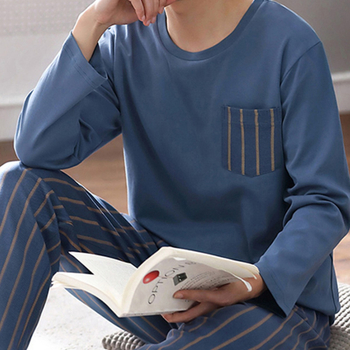 Νέα κορεάτικη πιτζάμα για άνδρες με στρογγυλή λαιμόκοψη, φθινοπωρινή και χειμερινή απόχρωση, με μακριά μανίκια, απομίμηση βαμβακιού, casual ρούχα για το σπίτι, κοστούμι για μεγάλα μεγέθη