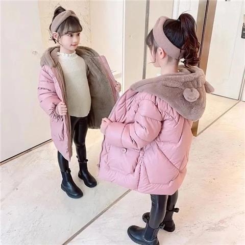 Meiteņu parka mētelis ar flīsa oderi ziemas drēbes astoņu sezonu jauns rudens un ziemas ārzemju bērnu vidēja garuma kokvilnas mētelis Rietumu stila kokvilnas mētelis