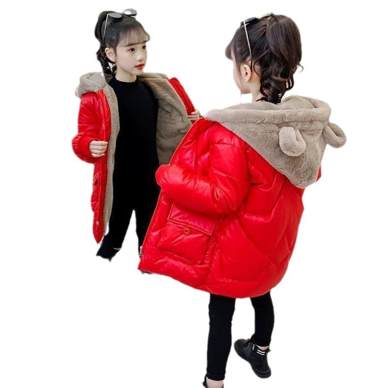 Meiteņu parka mētelis ar flīsa oderi ziemas drēbes astoņu sezonu jauns rudens un ziemas ārzemju bērnu vidēja garuma kokvilnas mētelis Rietumu stila kokvilnas mētelis