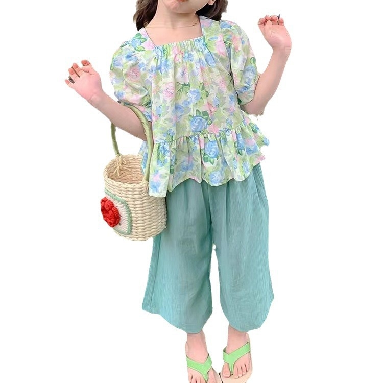 Djevojački komplet odijela za bebe u korejskom stilu, modni dječji ljetni set s puf rukavima, ležerne hlače od dva dijela