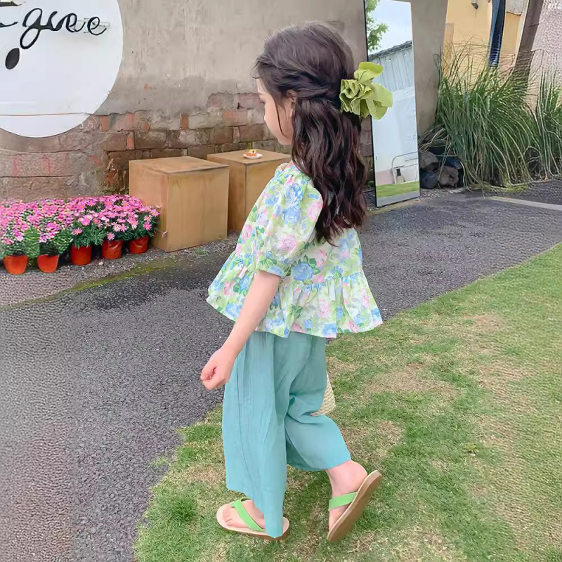 Djevojački komplet odijela za bebe u korejskom stilu, modni dječji ljetni set s puf rukavima, ležerne hlače od dva dijela