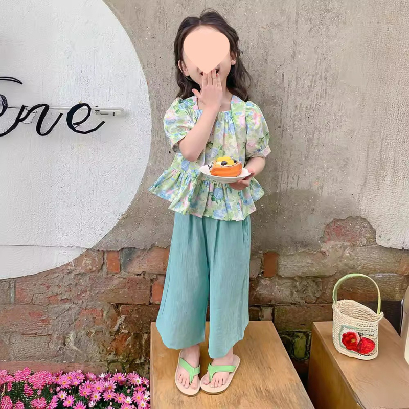 Djevojački komplet odijela za bebe u korejskom stilu, modni dječji ljetni set s puf rukavima, ležerne hlače od dva dijela