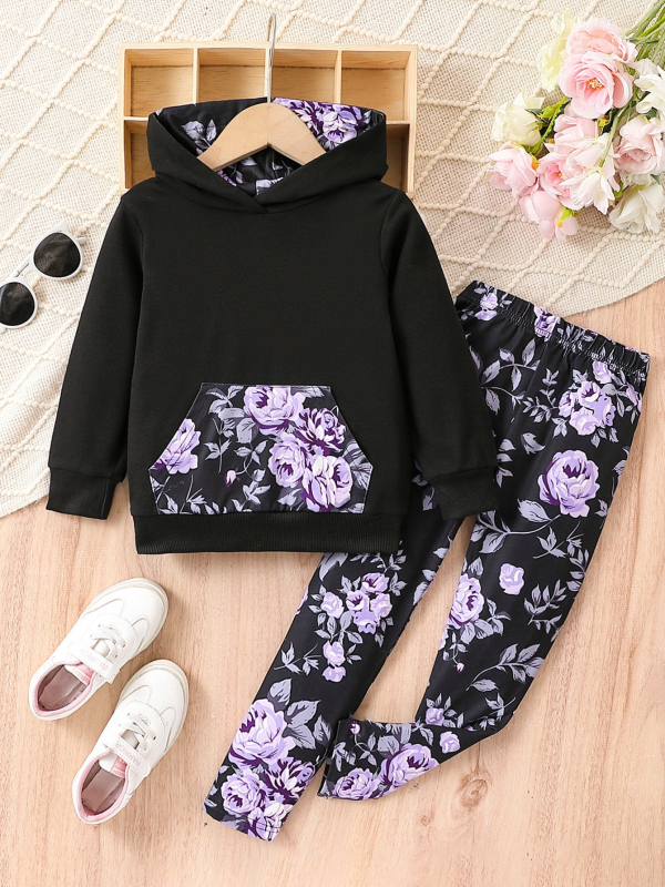 Vanjskotrgovinska veleprodaja djevojačkih modnih pulovera s dugim rukavima, dvodijelni proljetni i jesenski ružičasti set hlača s cvjetnim uzorkom, nepravilnog oblika