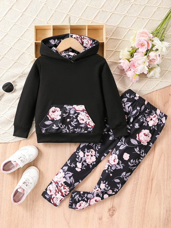 Vanjskotrgovinska veleprodaja djevojačkih modnih pulovera s dugim rukavima, dvodijelni proljetni i jesenski ružičasti set hlača s cvjetnim uzorkom, nepravilnog oblika